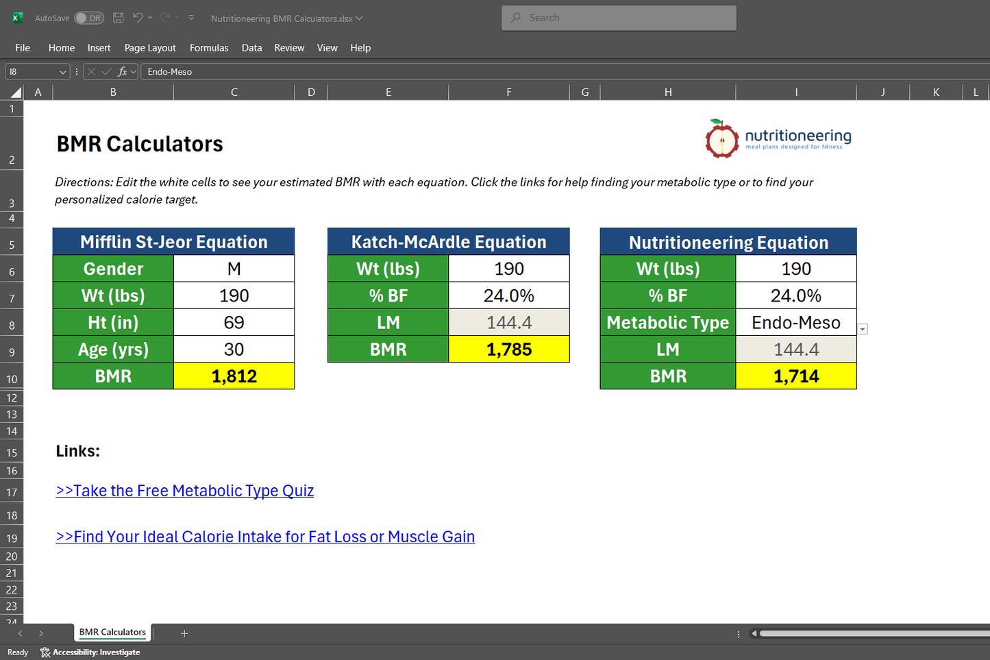 Nutritioneering BMR Calculator Excel Spreadsheet